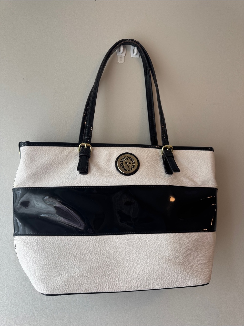 Anne Klein Perfect Pairs Black and White Striped Patent Accent Tote Bag